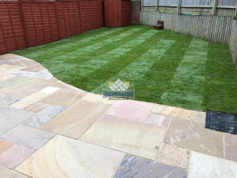 Indian Sandstone Patio with New Lawn in Romford, Essex