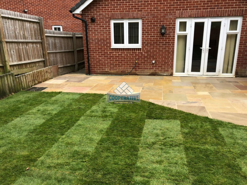 Indian Sandstone Patio with New Lawn in Romford, Essex