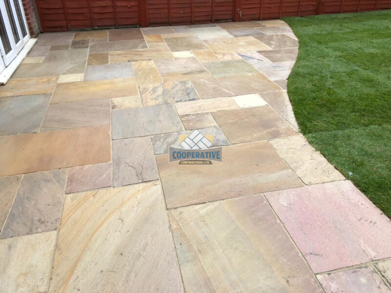 Indian Sandstone Patio with New Lawn in Romford, Essex